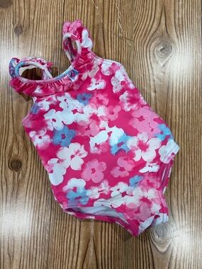 4/$20 Joe Fresh Girls Pink Floral One-Piece Swimsuit with Ruffles 6-12 Months